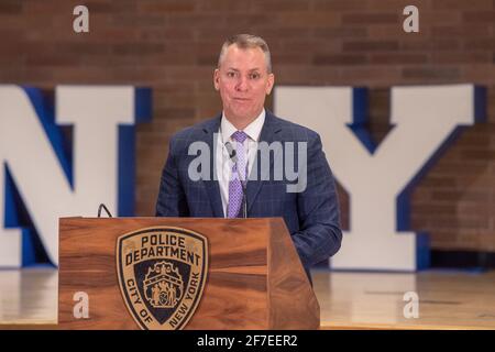 NEW YORK, NY – APRIL 6: New York City Police Commissioner Dermot F. Shea speaks during a press conference on April 6, 2021 in New York City.  Police Commissioner Dermot Shea announces kick off of NYPD recruitment campaign to attract diverse group of candidates for the upcoming police officer exam.  Applicants sign up period is from April 7 through April 27 on www.NYPDrecruit.com. Stock Photo