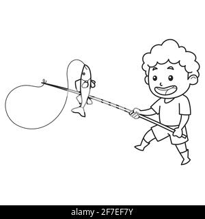 The Child Catches Blue Fish Using a Fishing Rod. Character