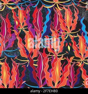 Seamless fiery floral pattern on a dark background. Sample design for fabric or wallpaper. Stock Vector