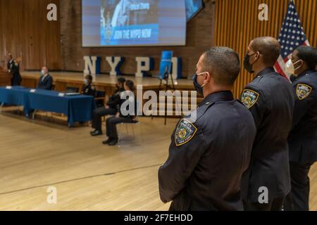 New York, United States. 06th Apr, 2021. New York Police Department (NYPD) officers attend the press conference in New York City. Police Commissioner Dermot Shea announces kick off of NYPD recruitment campaign to attract diverse group of candidates for the upcoming police officer exam. Applicants sign up period is from April 7 through April 27 on www.NYPDrecruit.com. Credit: SOPA Images Limited/Alamy Live News Stock Photo