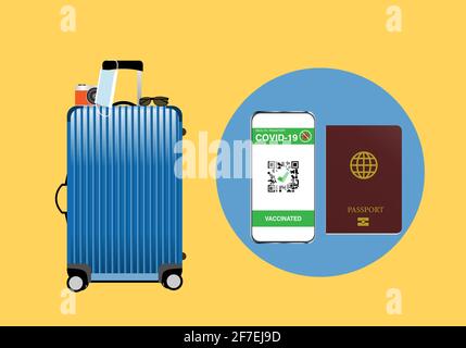 Travel in newnormal after covid-19 vaccination. Illustration of passport, vaccination certificate in mobile phone, travel luggage, facemak and camera. Stock Vector