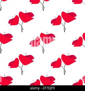 Seamless pattern with red poppy flowers on white background. Wild scarlet bloom ornament. Vector fabric print. Eco, floral, natural, love wallpaper. Stock Vector