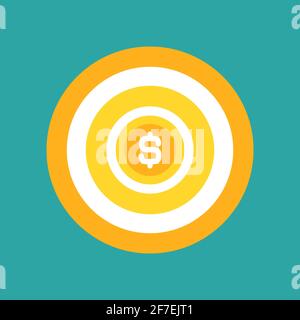 Golden archery target with dollar coin in center on blue background. Dartboard vector illustration. Business aim, goal, focus sign. Money goal achieve Stock Vector