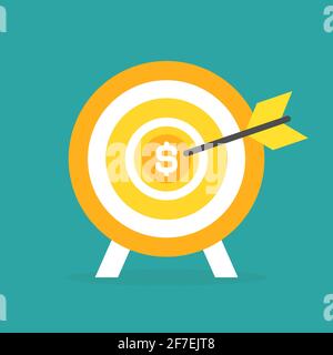 Golden archery target with arrow and dollar coin in center on blue background. Dartboard vector illustration. Business aim, goal, focus sign. Money go Stock Vector