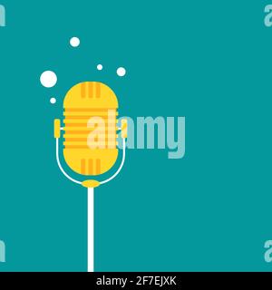 Golden microphone icon. podcast, voice chat logo. Radio, podcast, open air concept. Audio message, record, speak sign. Vector illustration isolated on Stock Vector