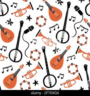 Hand drawn seamless pattern of musical instrument. Flat sketch style. Isolated vector illustration for for musical instrument store, music festival background, textile, wallpaper, fabric.. Stock Vector