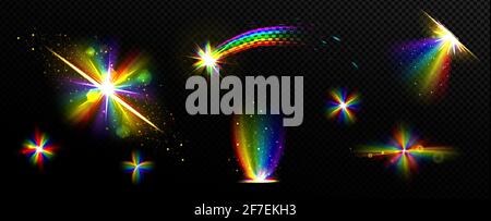 Rainbow crystal light, prism flare reflection, lens refraction, falling star, glass, jewelry or gem stone glare, optical physics effect isolated on black background, Realistic 3d vector icons set Stock Vector
