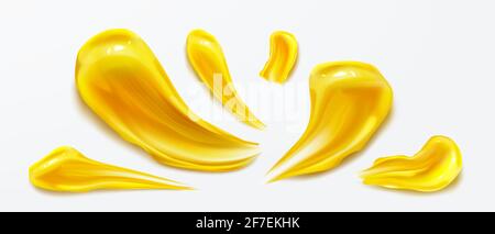 Yellow brush strokes, liquid paint smears, smooth textured abstract stains, shiny acrylic or oil dye smudges graphic design elements isolated on white background, Realistic 3d vector illustration, set Stock Vector