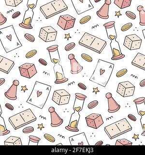 Hand drawn seamless pattern of board game element, cards, chess, hourglass, chips, dice, dominoes. Doodle sketch style. Isolated vector illustration for for board game shop, store. Stock Vector