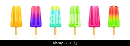Fruit popsicle, colorful ice creams on wooden stick. Vector realistic set of frozen juice isolated on white background. Summer cold dessert from strawberry, kiwi, watermelon and lemon Stock Vector