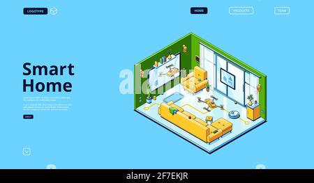 Smart home isometric landing page, internet of things concept. Room with iot appliances vacuum cleaner, video camera, temperature and security control, tv, quadcopter, 3d vector line art web banner Stock Vector