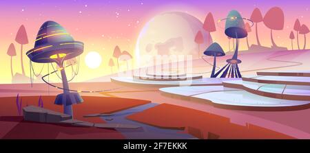 Fantasy landscape with magic glowing mushrooms and plants at sunset. Vector cartoon illustration of fantastic alien nature with giant toadstools, broom, sun and planet in sky Stock Vector