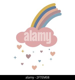 Cute baby boho rainbow with clouds, rain and hearts in scandinavian style, lovely decoration isolated on white background. Pastel colors, baby shower, nursery. Stock Vector illustration Stock Vector