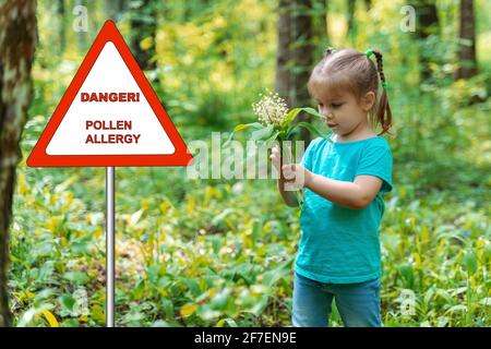 warning sign: danger pollen allergy. little girl in the forest with a bouquet of lilies of the valley Stock Photo