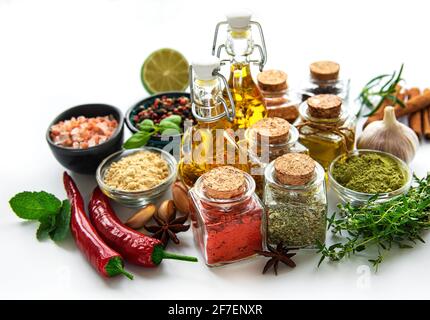 Various spices isolated on white background, top view Stock Photo