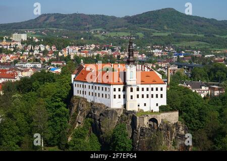 Decin Castle aerial panoramic view above historic town, Czech Republic Stock Photo