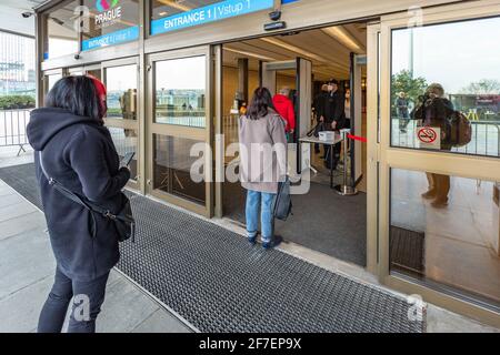 Prague, Czech Republic - March 26 2021: Entrance into the building of the Metropolitan vaccination centre against COVID-19 at Prague Congress centre. Stock Photo