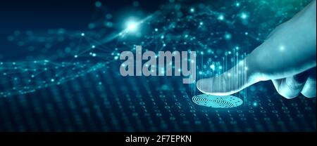 Businessman using fingerprint scan. Fingerprint scan provides access with biometrics identification on the digital convergence. Technology, Security. Stock Photo