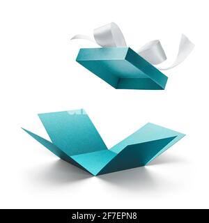 Surprise gift box, turquoise color open gift box with ribbon isolated on white Stock Photo