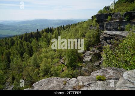 Decinsky Sneznik mountain with panoramic aerial view from rock plateau above forest, Czech Republic Stock Photo