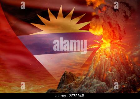 stratovolcano blast eruption at night with explosion on Antigua and Barbuda flag background, suffer from natural disaster and volcanic ash conceptual Stock Photo