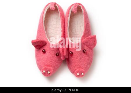 Felt slippers on white background in closeup Stock Photo
