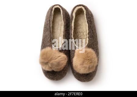 Felt slippers on white background in closeup Stock Photo
