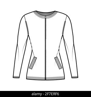 Zip-up cardigan Sweater technical fashion illustration with rib crew neck, long sleeves, fitted body, knit trim, pockets. Flat jumper apparel front, white color. Women, men unisex CAD mockup Stock Vector