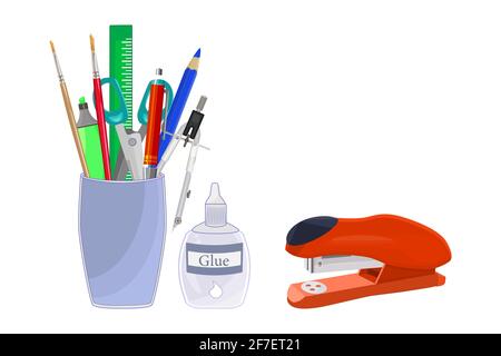 Pencils holder with school stationery isolated on white background.  Back to school. Office supply stationery and education. Stock vector illustration Stock Vector