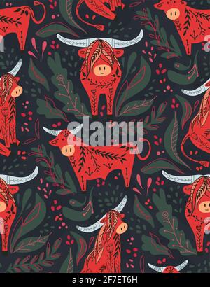 Seamless pattern with cute red cartoon bulls and bison with folk pattern on green background. Oriental symbol with floral pattern. Cattle with tribal Stock Vector