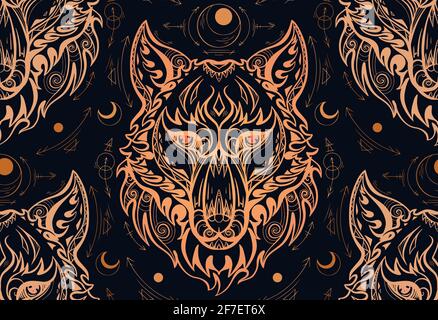 Seamless pattern with contour gold wolf head and sacred symbols on dark background. Predator portrait in front with boho pattern. Tribal luxury textur Stock Vector