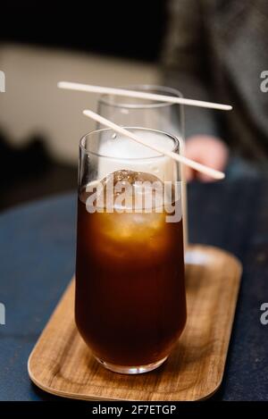 Tasty Glasses of Brewed Coffee and Tea Chai Latte. Stock Photo