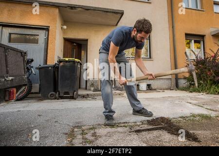 A man is using a hack to soften the ground with a plan to dig it out in front of a residential house. Stock Photo