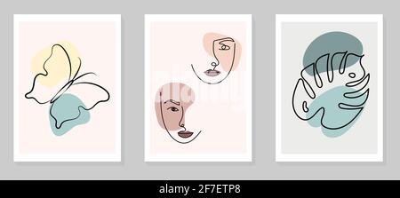 Set of wall art. Women faces, leaves, butterfly, abstract shapes. Continuous line, minimalistic elegant concept. Design for wall decoration, postcard, Stock Vector