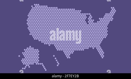 Purple hexagonal pixel map of USA. Vector illustration United States hexagon map dotted mosaic. America administrative border, land conmosition.