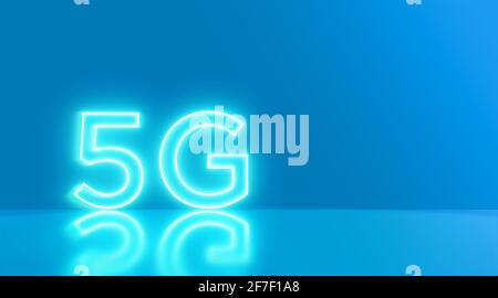 5G neon light icon abstract blue background. with empty space. High speed wifi or wireless network. Concept mobile Internet technology symbol. 3d rend Stock Photo