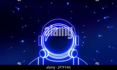 Astronaut helmet neon icon with light stars. Elements of Space set. Simple icon for websites, web design, mobile app, info graphics. 3d rendering - il Stock Photo