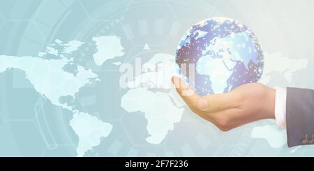 Globe in businessman hands, abstract technology, social network concept. Stock Photo