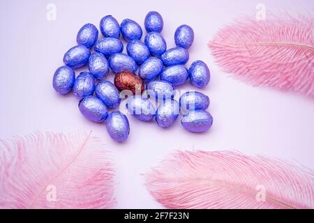 Easter pink background with chocolate easter eggs wrapped in purple colored foil with colorful feathers on a light rose background. Easter concept. Ae Stock Photo