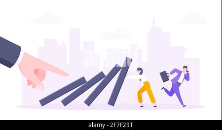 Business resilience or domino effect metaphor vector illustration. Giant hand starts chain reaction of falling domino line and businesswoman trying to Stock Vector