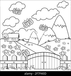 Small country house in the meadow and a wooden fence. Black and white coloring page. Stock Photo