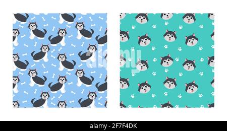 Set Character Seamless Pattern Animal Of Cute Siberian Husky Dog Can Be Used as Designs Wallpapers or Backgrounds. Vector Illustration Stock Vector