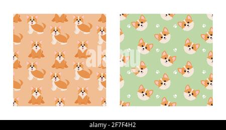 Set Character Seamless Pattern Animal Of Cute Pembroke Welsh Corgi Dog Can Be Used as Designs Wallpapers or Backgrounds. Vector Illustration Stock Vector