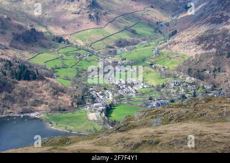 Looking down on the Lake District village of Glenridding from Place Fell Stock Photo