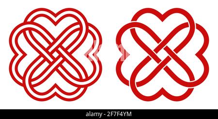 Celtic knot of red hearts in the shape of a flower, vector knot hearts symbol endless love mutual understanding and friendship Stock Vector