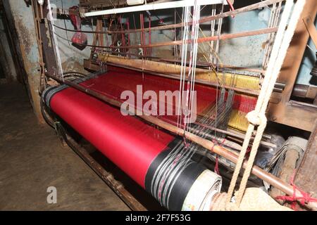 View of a Sari making handloom at  Mahulia village in  Cuttack district of Odisha, India Stock Photo