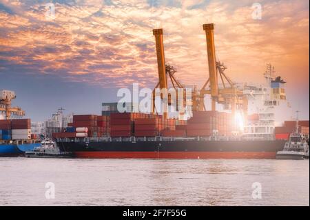 Aerial view from drone Logistics and transportation of Container Cargo ship and Cargo import export , Business logistics concept, Stock Photo