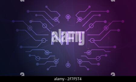 Nft white text on futuristic neon purple background, cryptocurrency banner Stock Photo