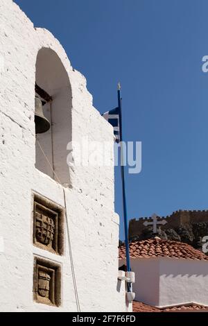 The bell tower of the Church of the Panagia, a Greek Orthodox place of worship on Lindos on Rhodes, Greece Stock Photo