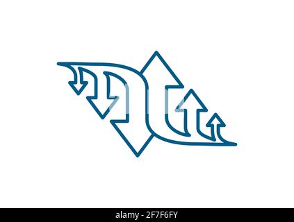 Three Arrow Sign Direction Two way. Flat Line Road Direction Blue Vector Illustration. Stock Vector